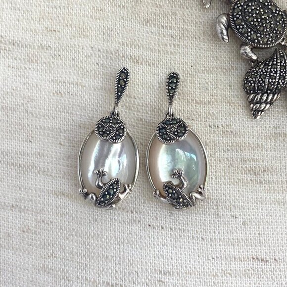 Sterling Silver 925 MOP Marcasite Sea Life Shell Panel Necklace & Earring Set - Picture 7 of 16